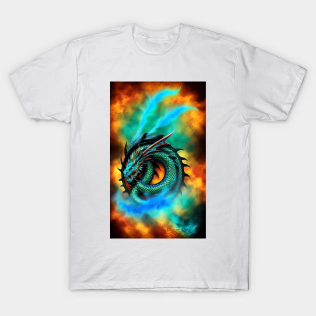 Round Dragon Fire Turquoise T-Shirt by ShopSunday